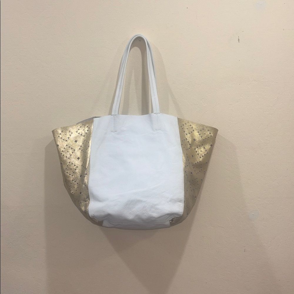 Anthropologie Cleobella Laser Cut Gold Metallic And White Leather Tote Handbag